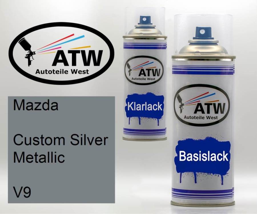 Mazda, Custom Silver Metallic, V9: 400ml Sprühdose + 400ml Klarlack - Set, von ATW Autoteile West.